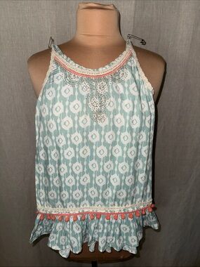 Skemo Teal and White Printed Halter Dress with Coral Trim